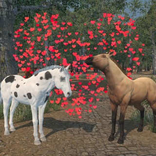 Real gameplay screenshot: two unarmored horses surrounded by heart-shaped breeding particles